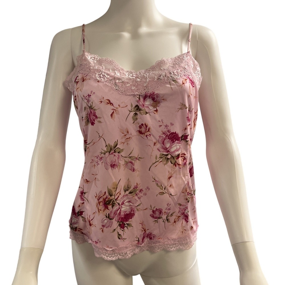 Vintage Pink Satin Floral Cami Tank Top Lace Trim Size XL Feminine Romantic Y2K